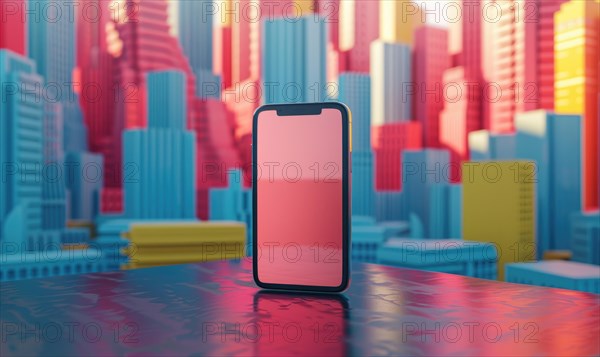 Smartphone mockup with a blank screen on a vibrant cityscape background AI generated