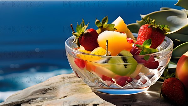 Glass bowl brimming with colorful fruit salad perched on a cliffs edge vast ocean, AI generated