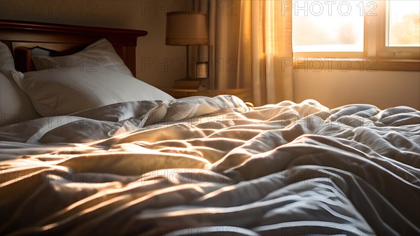 Imperfectly made bed in a sunlit room with rumpled sheets, AI generated