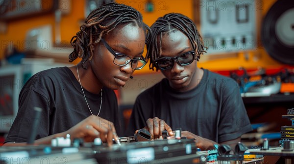 Focused pair of afro style teenagers wearing glasses working on music with DJ equipment in a studio environment, AI generated