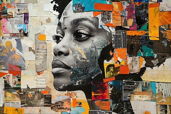 Expressive face depicted with a multicolored abstract collage including city elements, illustration, AI generated