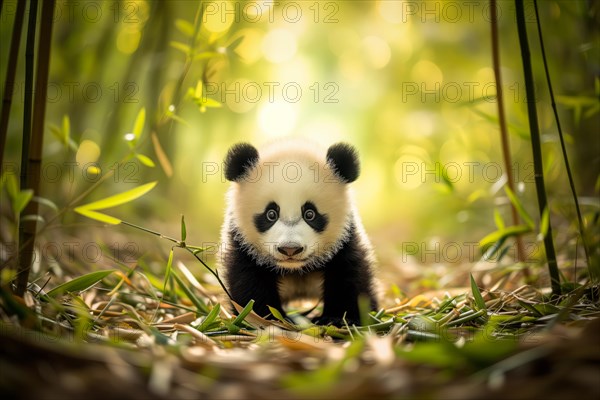 Cute panda cub in a lush bamboo grove, The image showcases the beauty and serenity of nature and wildlife. Endangered species, AI generated