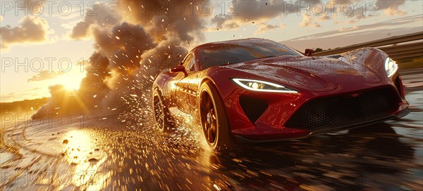 A red supercar races on a wet road with dynamic splashing and sun setting in the background, AI generated