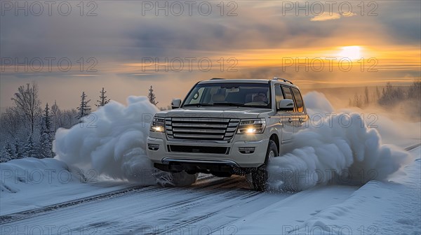 Classic 4x4 big SUV speeds through a snowy forest road at sunset, kicking up a trail of snow, AI generated