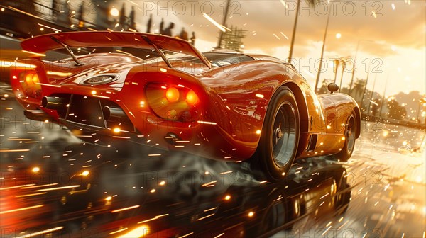 Red vintge retro 1960s racecar on a wet road during rain, with sparks from backfire creating a dramatic scene, AI generated