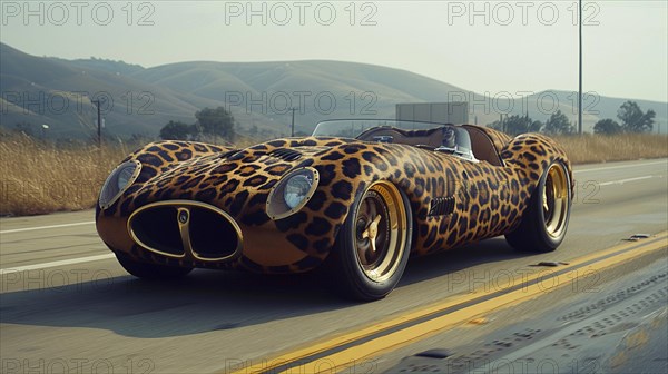 Vintage roadster with an animal pattern design driving on a highway through rolling hills, AI generated