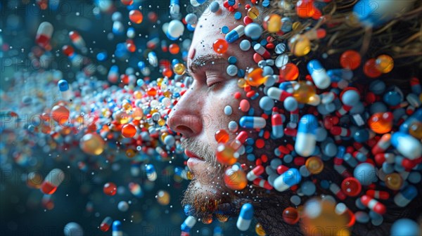 Surreal image of a man with an explosion of pharmaceutical pills around his head, AI generated