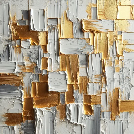 Monochromatic abstraction featuring layers of white texture with gold leaf accents, AI generated