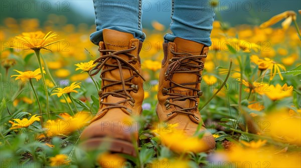 Close-up of hiking boots amidst vibrant yellow flowers, denoting an outdoor adventure, AI generated