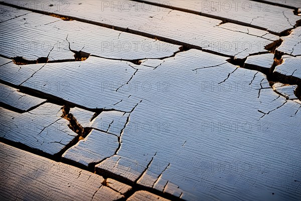 Cracked paint on a wooden surface symbolizing the impact of extreme weather conditions, AI generated