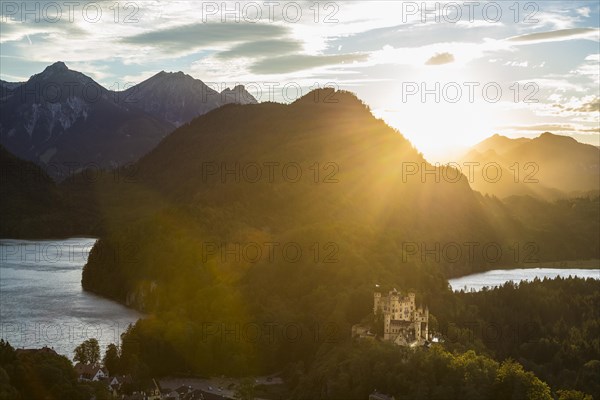 Hohenschwangau Castle, foehn storm, sunset, near Fuessen, Ostallgaeu, Allgaeu, Bavaria, Germany, Europe