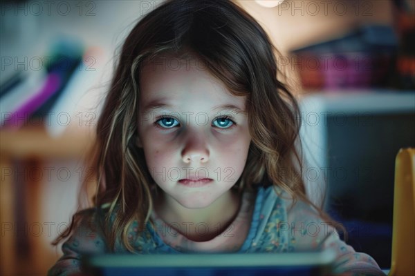 A pre-school girl sits in a classroom and looks tiredly at a digital tablet, symbol image, digital teaching, learning environment, media skills, eLearning, media education, AI generated, AI generated, AI generated