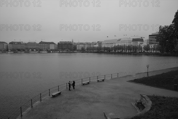 View over the Inner Alster Lake, black and white, Hanseatic City of Hamburg, Hamburg, Germany, Europe