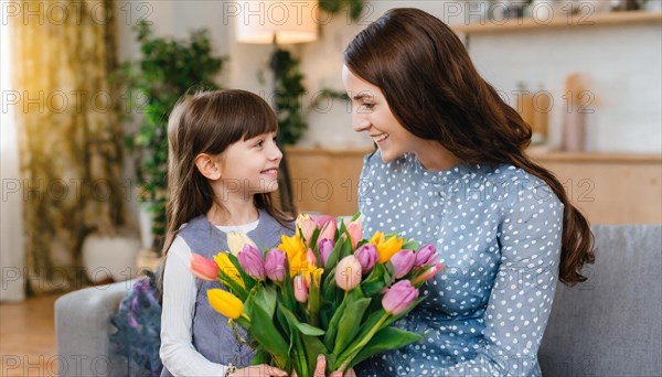 A little girl presents her smiling mother with a colourful bouquet of tulips in a comfortably furnished room, Mother's Day symbol, AI generated, AI generated
