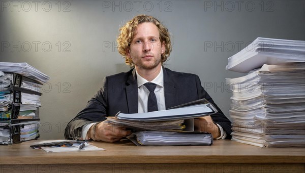 Young man in light-coloured suit sits overworked at a desk with piles of paper, symbolism bureaucracy, AI generated, AI generated