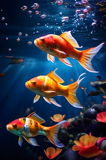 Brightly colored koi fish congregation underwater scene elegantly gliding in a peaceful atmosphere, AI generated, deep sea, fish, squid, bioluminescent, glowing, light, water, ocean