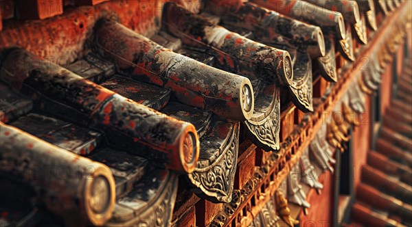 Patterned roof tiles in warm red tones on a historical Chinese building, ai generated, AI generated