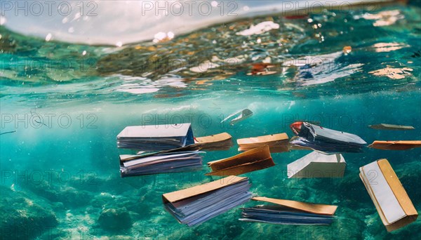 Various files float underwater with sunlight reflections, symbol bureaucracy, AI generated, AI generated
