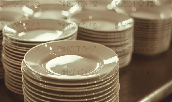 Warmly lit scene of neatly stacked ceramic plates, ready for dining AI generated