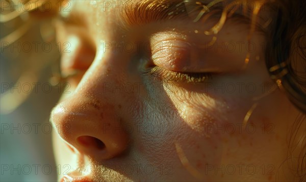 Side view close-up of a woman's face highlighted by sunlight, showcasing natural beauty AI generated