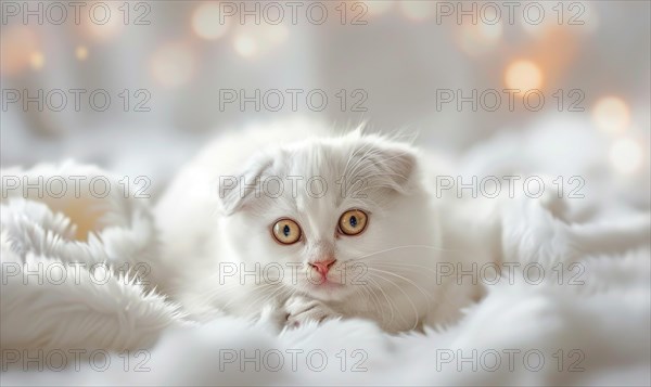 A white kitten with wide eyes lies on fluffy white bedding, with bokeh lights in background AI generated