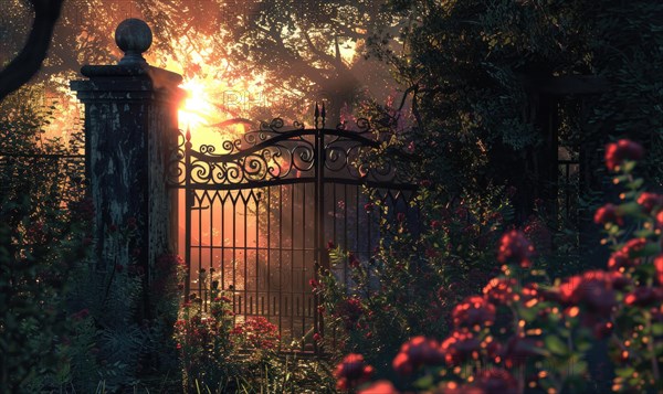 Sunlight filters through a mysterious iron gate into a calm woodland area AI generated