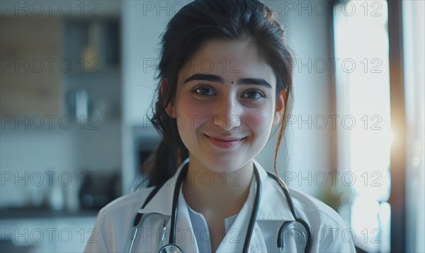 Cheerful young woman in a white coat and stethoscope, showcasing a friendly demeanor in the healthcare setting AI generated