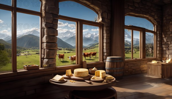 Cheese production on a farm in the alps mountains, cows graze in the mountains, AI generated