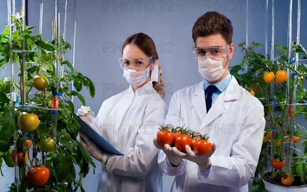 Biologists in protective suits grow vegetables in the lab, the concept of biotechnology, plant care and protection against diseases, organic food production, AI generated, AI generated