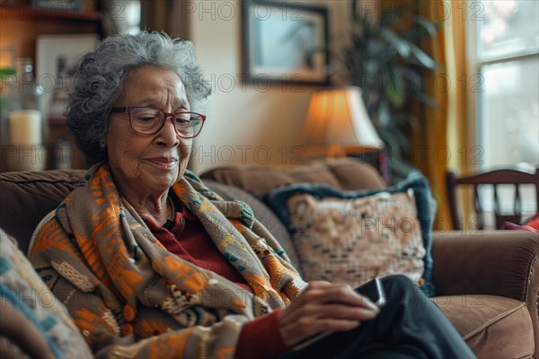 An elderly woman in thoughtful repose in a cozy room, donning glasses and a colorful scarf, AI generated