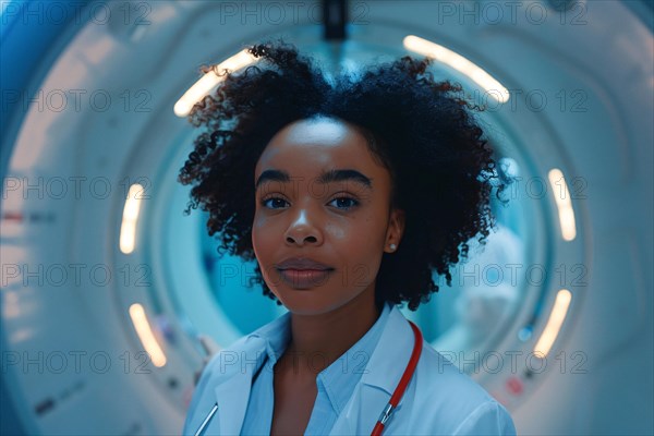 Young female medical professional standing confidently in front of an MRI machine with blue ambient lighting, AI generated