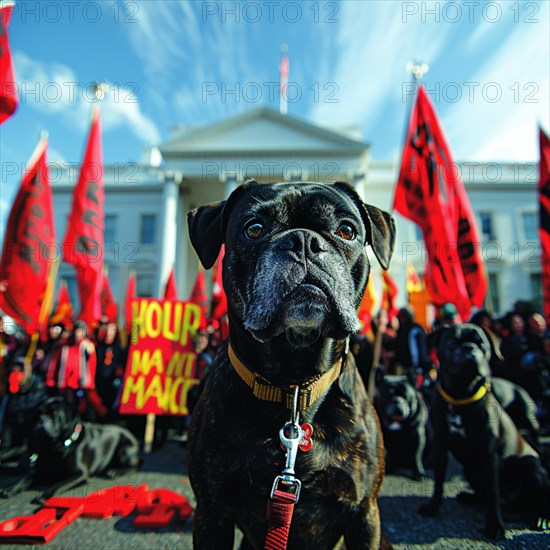 Close-up of a dog wearing a harness at a protest with black flags in the background at white house, AI generated