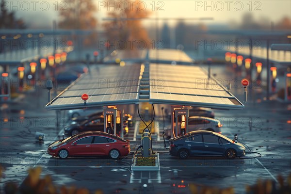 Electric vehicles at a charging station equipped with solar panels in late afternoon light, AI generated