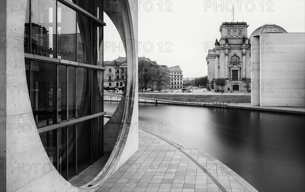 Black and white photography, long exposure, government district with the Spree and the government buildings, Berlin, Germany, Europe