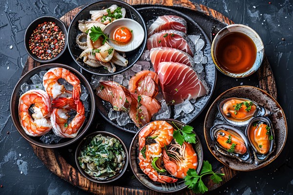 An extravagant seafood platter with a variety of sashimi, prawns, and mussels on ice, AI generated