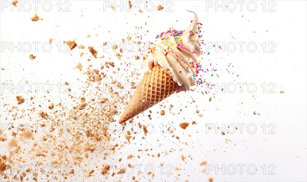 Ice cream cone explosion on white background AI generated