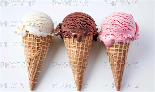 Neapolitan ice cream cones on white background AI generated