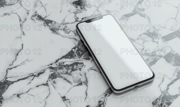 Smartphone mockup with a blank screen on a sleek marble background AI generated