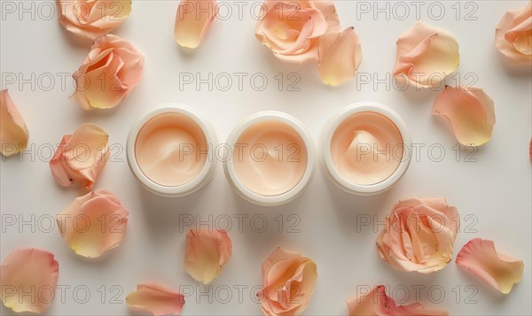 Three creme jar blank mockups nestled amidst delicate flower petals on a white background AI generated