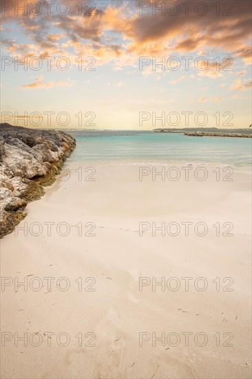 Caribbean dream beach with palm trees, white sandy beach and turquoise-coloured, crystal-clear water in the sea. Shallow bay at sunset. Plage de Sainte Anne, Grande Terre, Guadeloupe, French Antilles, North America