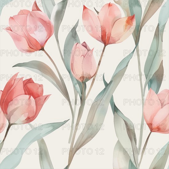 Seamless tulip watercolor flowers pattern AI generated