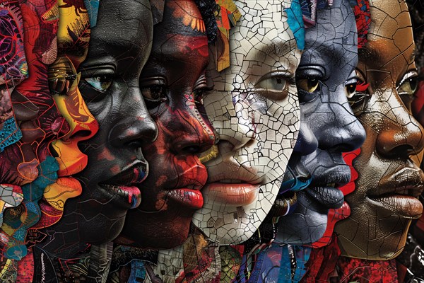 A composite image of mosaic-style portraits in vibrant colors conveying cultural diversity, illustration, AI generated
