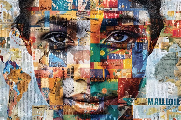 Multicolored abstract collage of a face with newspaper clippings, illustration, AI generated