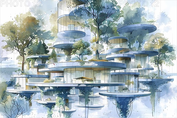 Artistic impression of a serene, futuristic architecture amidst nature with organically shaped buildings, AI generated