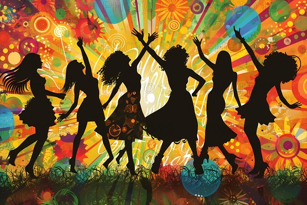 Silhouettes of people dancing joyfully against a colorful abstract background, illustration, AI generated