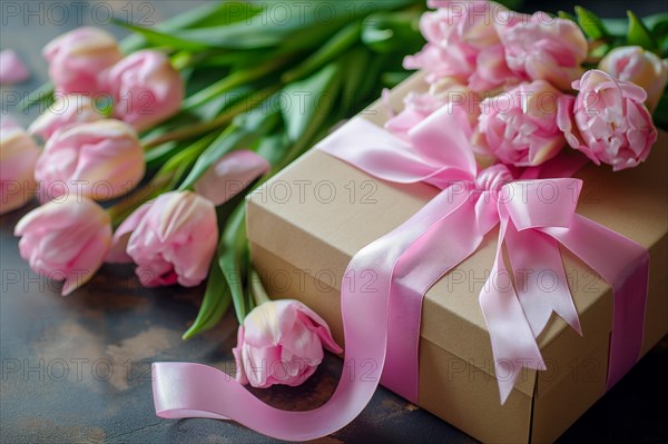 Gift Box with Pink Ribbon Beside bouquet of Fresh Tulips. Background for Valentine day, March 8, mother day, spring holidays, birthday, AI generated