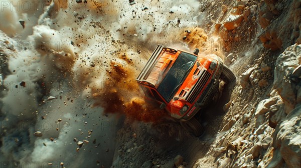 An off-road vehicle descends a rocky cliff, stirring up debris, drone aerial view, AI generated