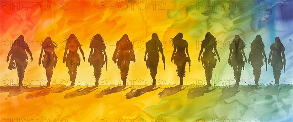 Silhouettes of women walking together in an abstract watercolor gradient of rainbow colors, banner 3:1 wide style, horizontal aspect ratio, AI generated