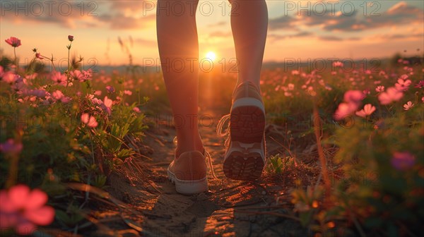 Close-up of person walking through a field with flowers at sunset, AI generated
