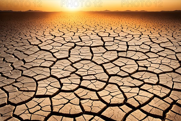 Heatwave stricken terrain displaying cracked desolated soil scorched under a blazing sun, AI generated